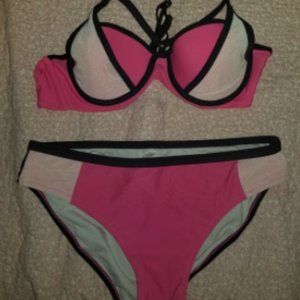 STRAPPY BATHING SUIT | womens small | <  neon pink, white, and black >